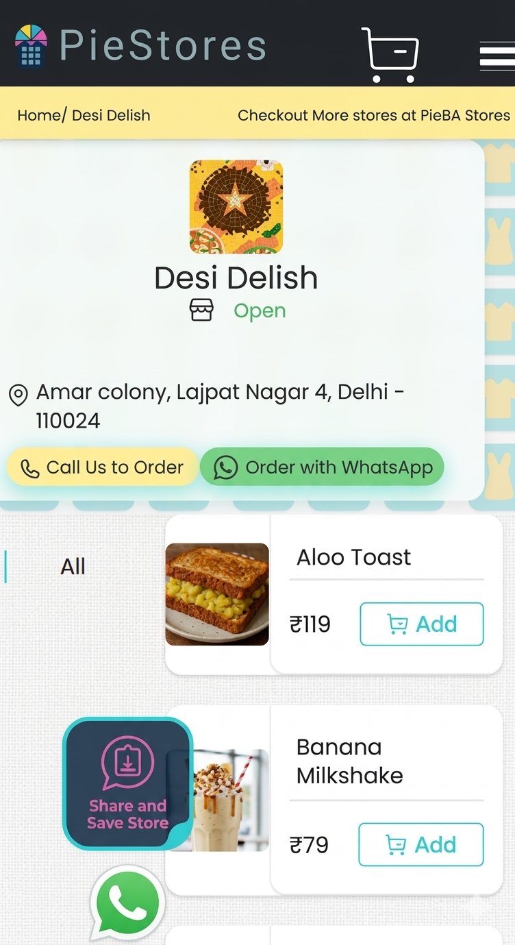 PieBA Stores online store with WhatsApp ordering